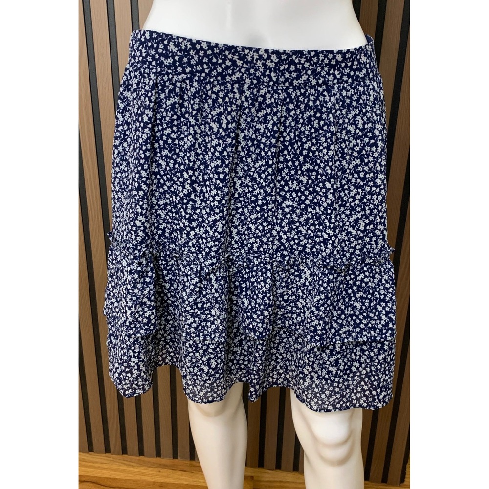 J.Crew Women's Navy Blue White Floral Tiered Mini Skirt Elastic Waist Small